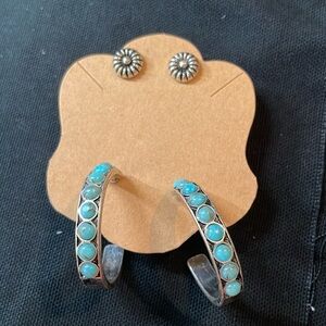 Turquoise Stone Hoop Earring & Silver Flower Studs